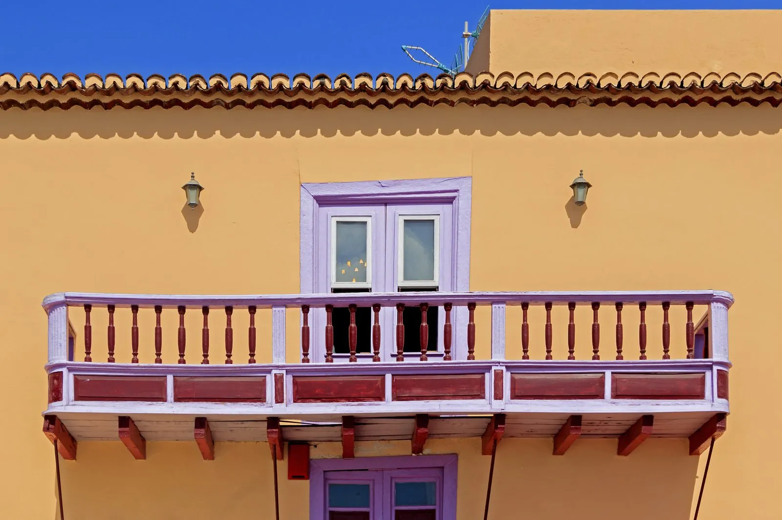 Traditional carved wooden balconies along the Avenida Maritima in Santa Cruz de La Palma